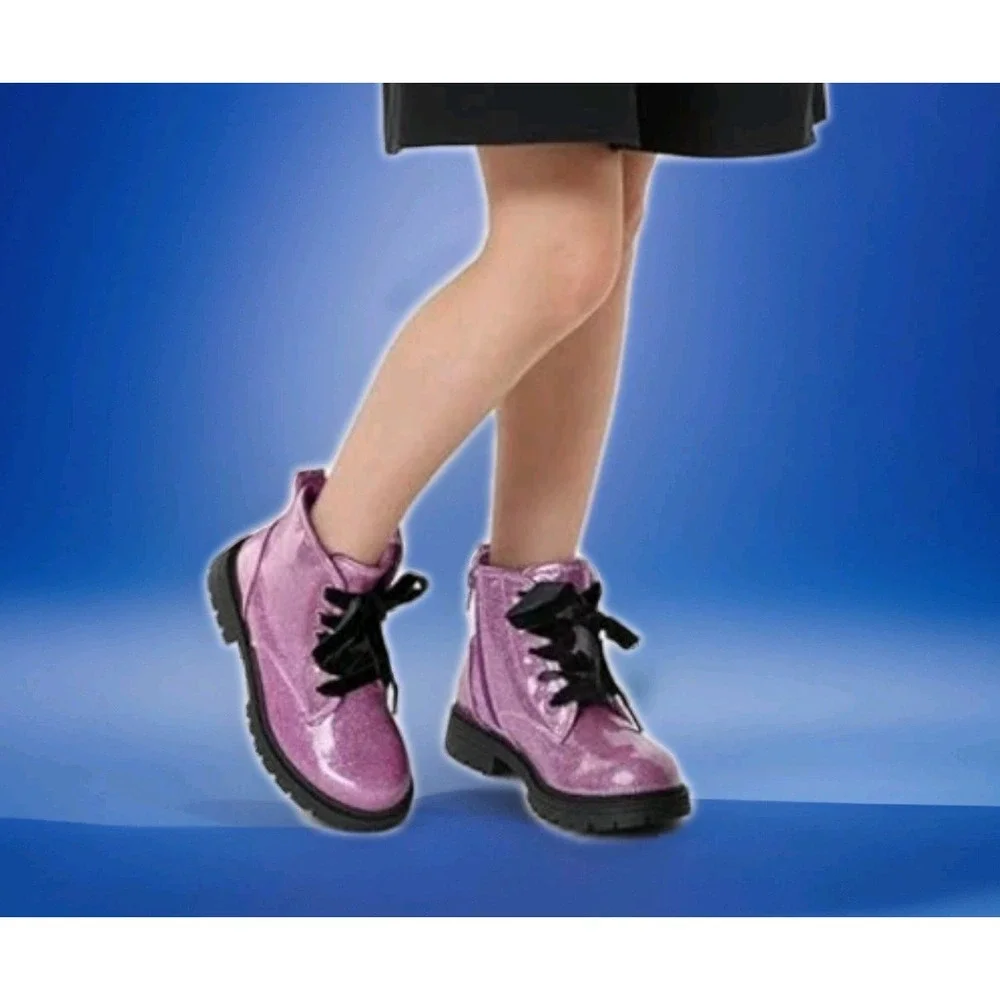 K Komforme‎ Girls' Purple Glitter Ankle  Boots Sz 12 Lace Up Waterproof Combat